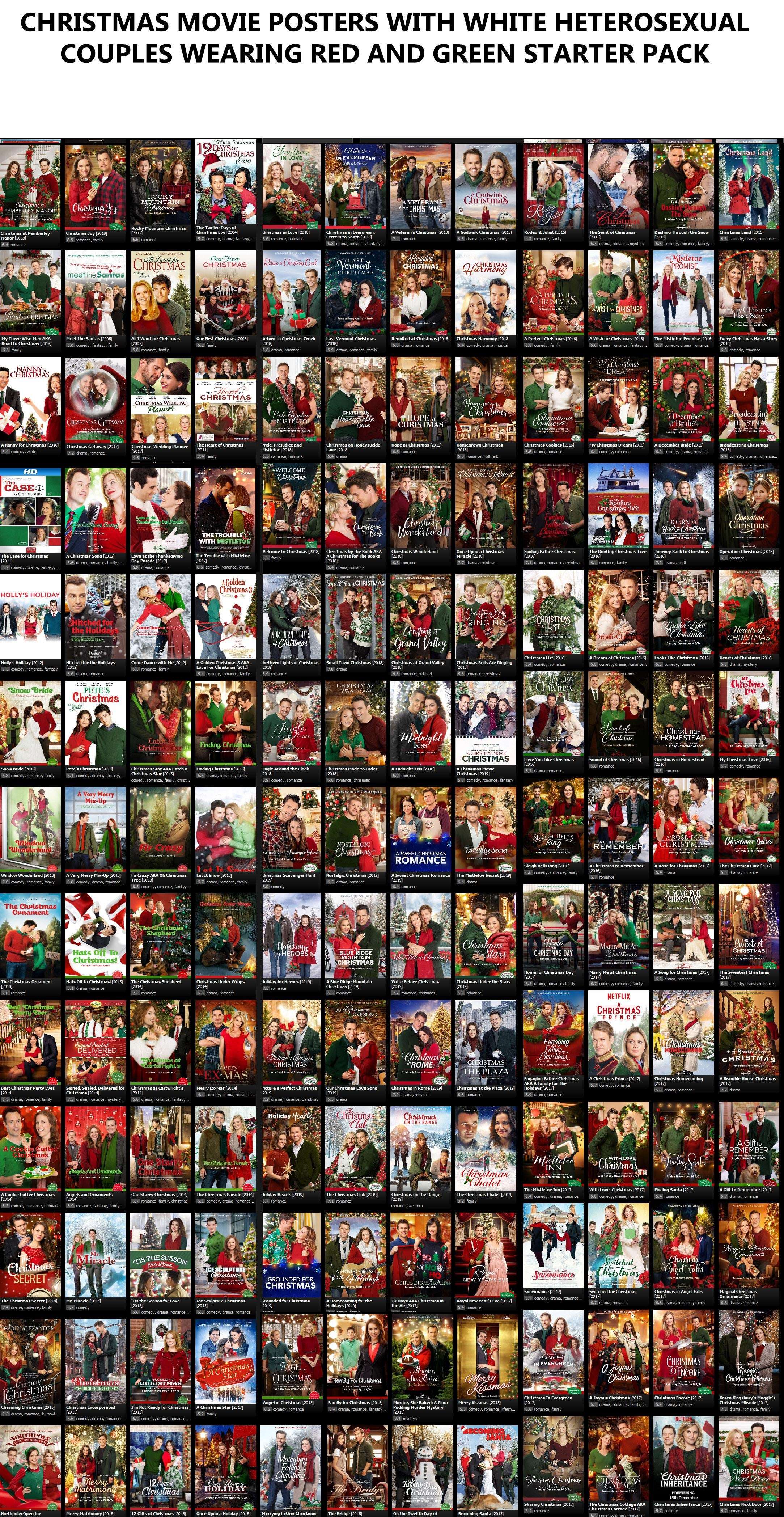 image showing Christmas Movie Posters with White Heterosexual Couples Wearing Red and Green Starter Pack