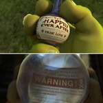 image for I know it's not an irl example, but the Happily Ever After potion in Shrek 2 has the Warning sign about the side effects on the inside of the potion.