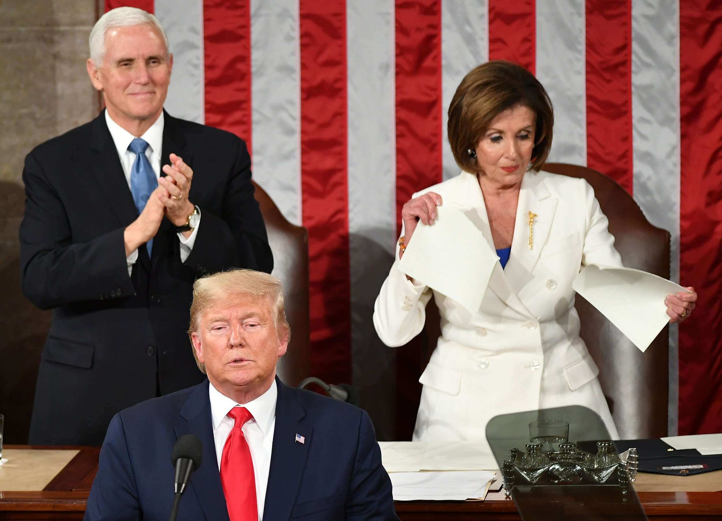 image for Pelosi Says She Tore Up Trump's 'Manifesto of Mistruths' as Dems Label His Speech a 'Right-Wing Reality Show'
