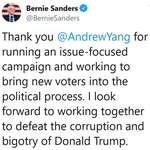 image for Bernie Sanders wins New Hampshire primary, thanks Andrew Yang for running an issue-focused campaign