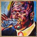 image for Stay hydrated. Shaq drinking a tiny bottle of water, oil on canvas.