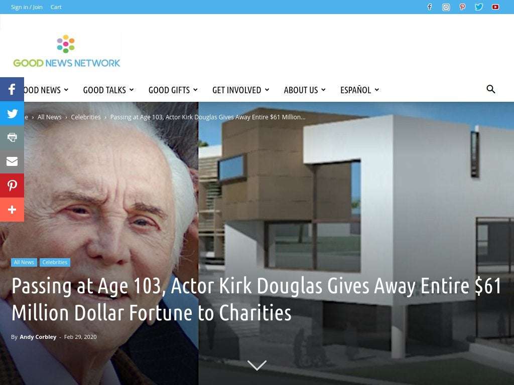 image for Passing at Age 103, Actor Kirk Douglas Gives Away Entire $61 Million Dollar Fortune to Charities