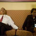 image for Barack Obama and his mother-in-law watch as it becomes clear he has won the presidency in 2008