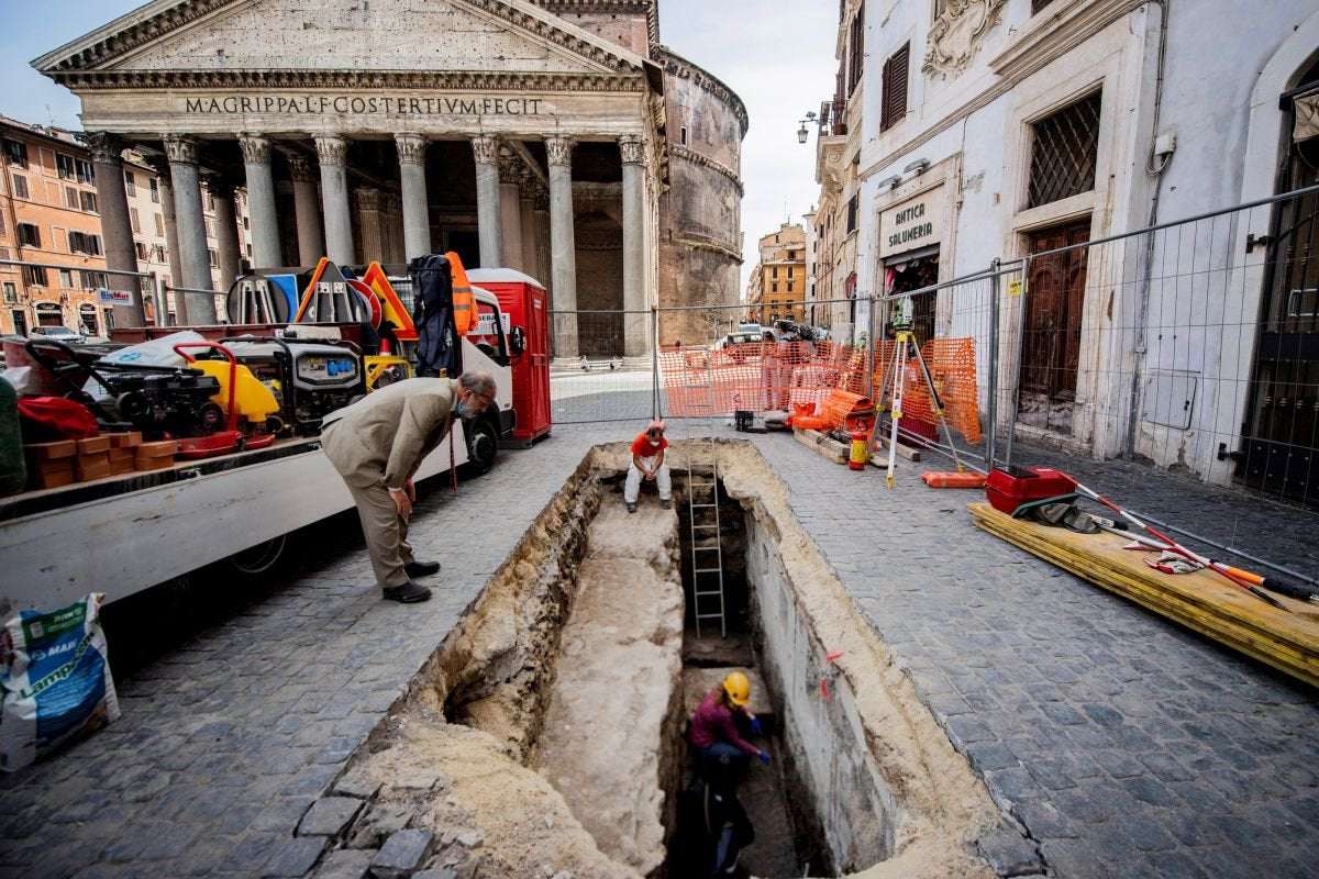 image for Sinkhole opens near the Pantheon, revealing 2,000-year-old Roman paving stones