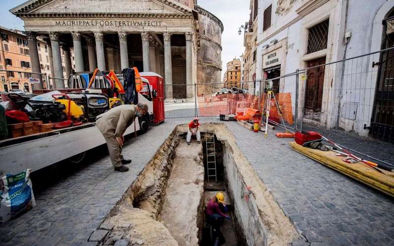 image for Sinkhole opens near the Pantheon, revealing 2,000-year-old Roman paving stones