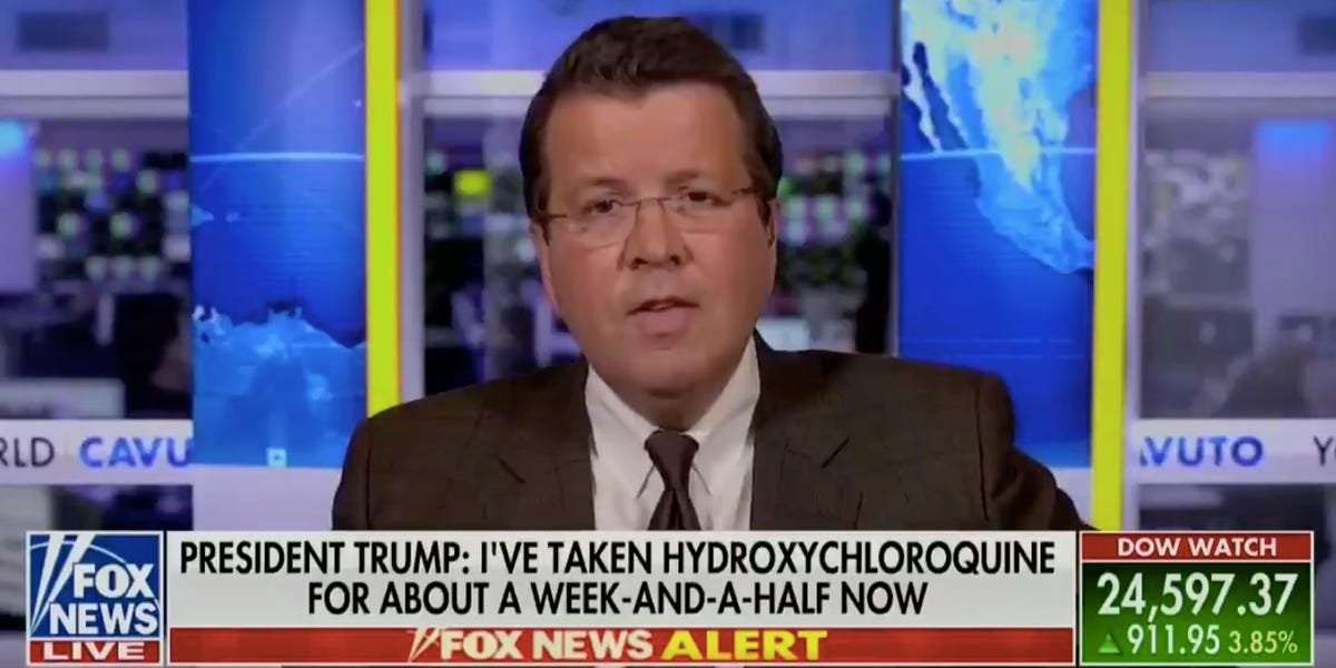 image for 'I cannot stress this enough: This will kill you.' Fox News host Neil Cavuto was shocked by Trump's announcement that he's taking hydroxychloroquine to prevent coronavirus.