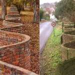 image for In England you sometimes see these "wavy" brick fences. And curious as it may seem, this shape uses FEWER bricks than a straight wall. A straight wall needs at least two layers of bricks to make is sturdy, but the wavy wall is fine thanks to the arch support provided by the waves.