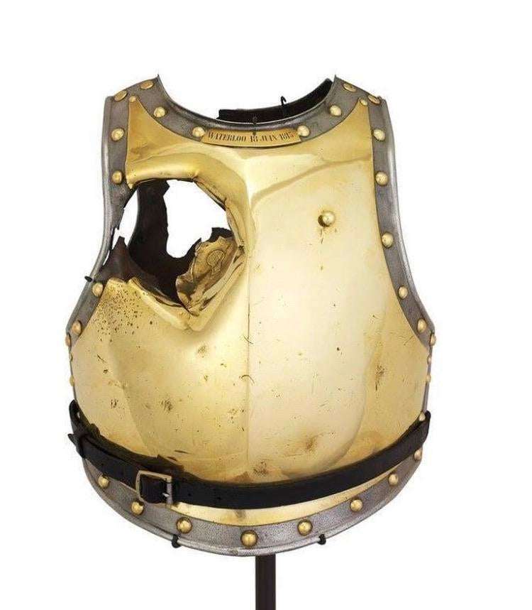 image showing The breastplate of 19yo Soldier Antoine Fraveau, who was struck and killed by a cannonball in June 1815 at the battle of Waterloo.