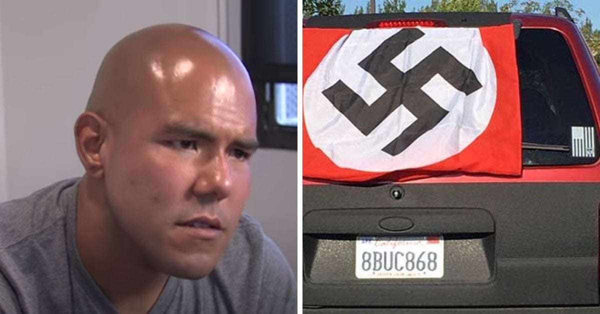 image for Bigot Who Draped Giant Nazi Flag On His Vehicle Complains To Cops After Being Attacked By Vigilantes