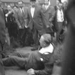 image for On this day, 29 July 1962, fascist Oswald Mosley attempted to march through Manchester. However he was attacked by anti-fascists who knocked him to the ground, and had to be rescued and escorted by 250 police, who were unable to prevent the fascist being pelted with tomatoes, eggs, coins and stones.