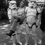 image for Carrie Fisher hanging out with some stormtroopers while promoting Empire Strikes Back in London back in 1980