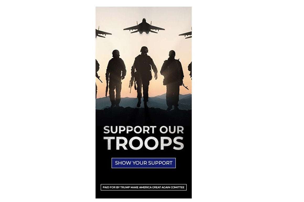 image for Trump ad asks people to support the troops. But it uses a picture of Russian jets.