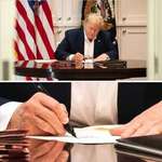 image for Trump hard at work with COVID-19 signing blank pieces of paper with a Sharpie. Thanks White House!
