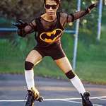 image for Prince Roller skating on his Tennis court at home. Photo by Jeff Katz, 1989