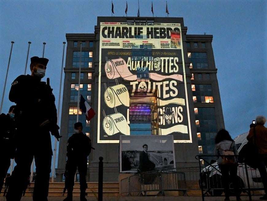 image for Charlie Hebdo Muhammad cartoons projected onto government buildings in defiance of Islamist terrorists