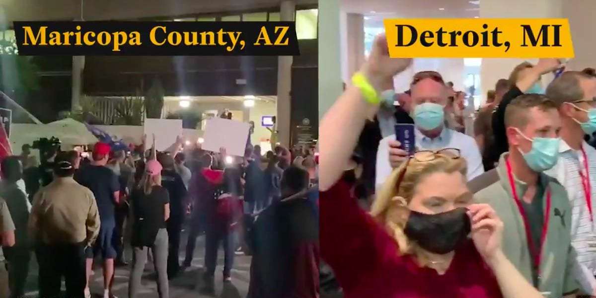 image for Videos show Trump protesters chanting 'count those votes' and 'stop the count' outside separate ballot-counting sites in Arizona and Michigan