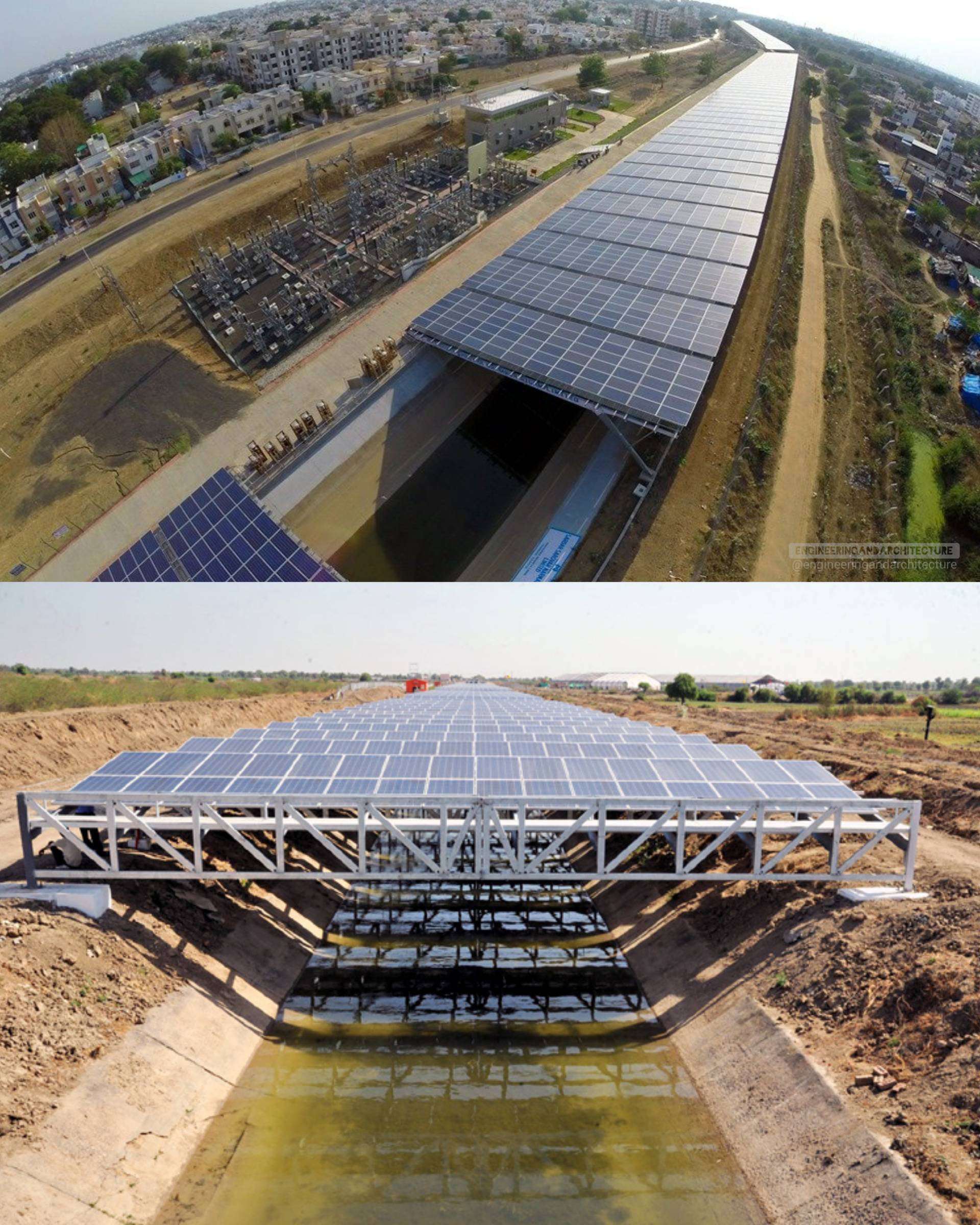image showing Solar panels being integrated into canals in India giving us Solar canals. it helps with evaporative losses, doesn't use extra land and keeps solar panels cooler.