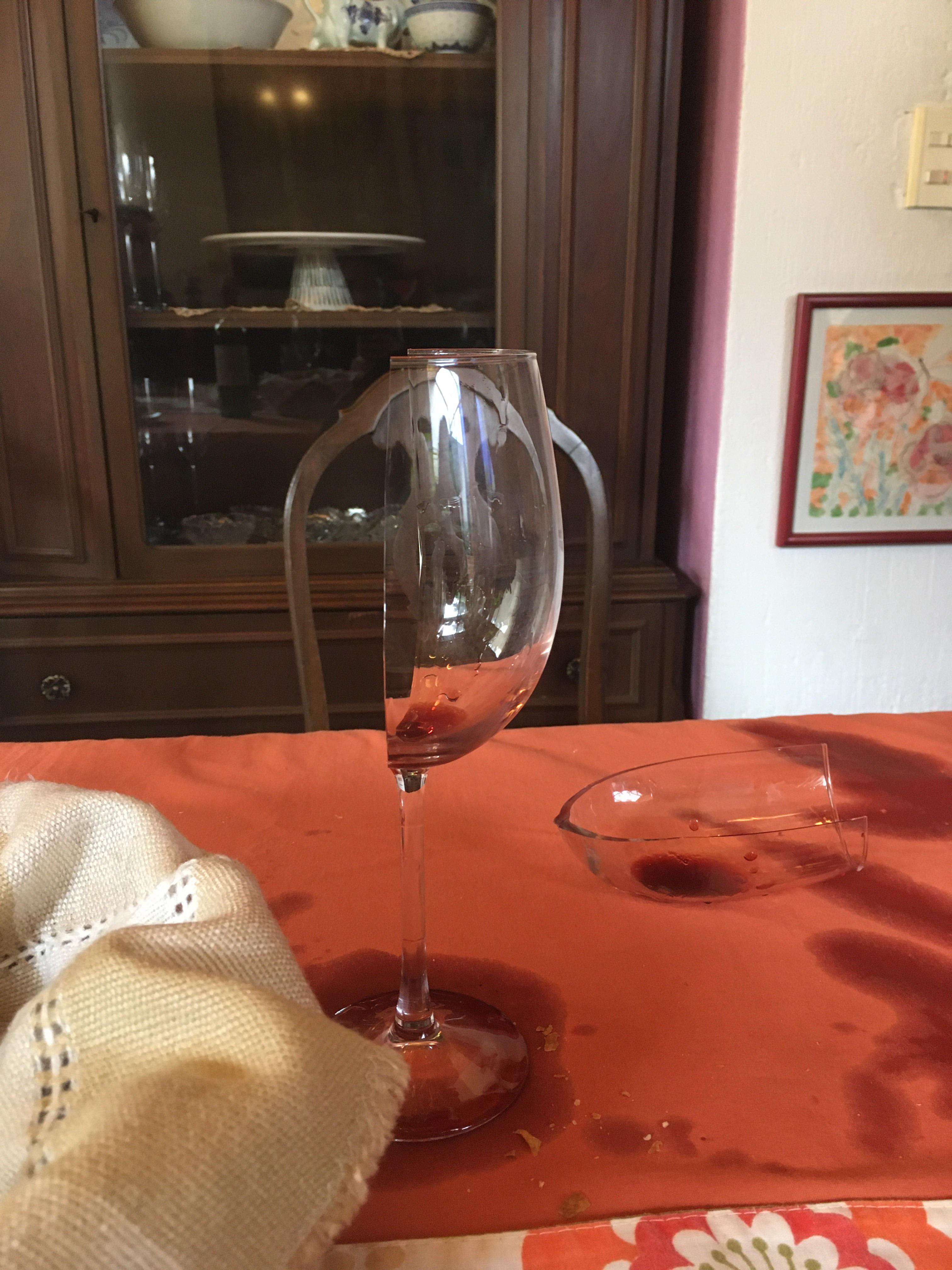 image showing My aunt spilled the wine and the glass broke exactly in half