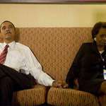 image for Barack Obama and his mother-in-law watch as it becomes clear he has won the presidency in 2008