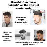 image for Searching up "male haircuts" on the internet starterpack.