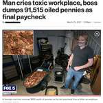 image for Toxic workplace boss pays ex-employee in motor-oiled covered pennies