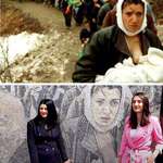 image for Picture of Kosovo mother with baby in breast during exodus in 1999, the second pic is 22 years later