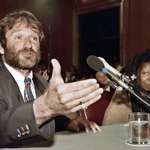 image for Robin Williams and Whoopi Goldberg testifying before a Senate committee hearing on the Homelessness Prevention and Revitalization Act of 1990