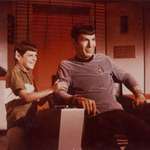 image for Leonard Nimoy "The makeup folks put ears on my son Adam to surprise me. A precious moment while shooting the original series" 1960s