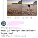 image for Woman claims to have found a message from a fan at the beach, is still holding the stick she used to draw it in her hand