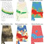 image for Series of maps demonstrating how a coastline 100 million years ago influences modern election results in Alabama, USA.