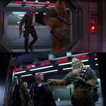 image for In Star Wars: The Force Awakens (2015), Han drops his parka on the floor when he arrives at Starkiller base. When he leaves, Chewbacca hands it back to him, and he reacts with confusion. This part was improvised by Chewbacca's actor Joonas Suotamo, who went off script, confusing Harrison Ford.