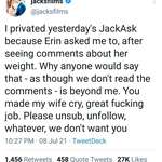 image for Jacksfilms having to private a video due to the mass amount of comments weight-shaming his wife, Erin.