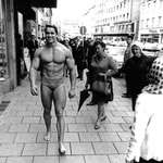 image for Arnold Schwarzenegger walking through Munich to promote his gym (1967)