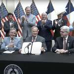 image for Evil Texas legislators grinning as they sign bill into law to restrict voting rights