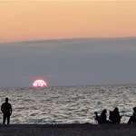 image for Chicago skyline visible in sunset from 50 miles away, Indiana Dunes.