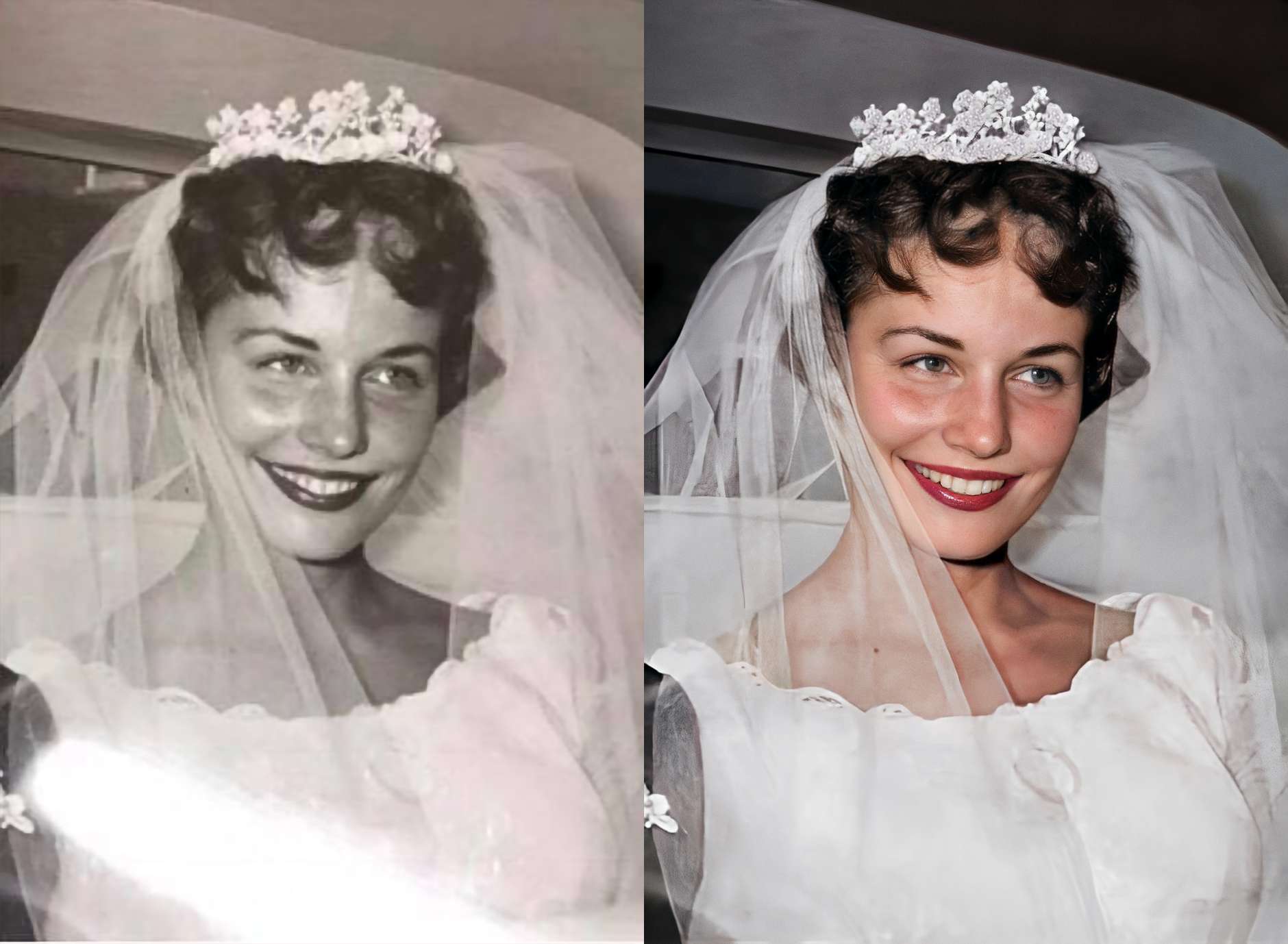 image showing Grandmother of a Redditor on her wedding day in Michigan (1958). Restored and Reimagined by Me (2022