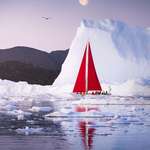 image for ITAP of a red sailboat with icebergs