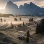 image for ITAP of the morning mist over the hills at Alpe di Siusi, Dolomites, Italy