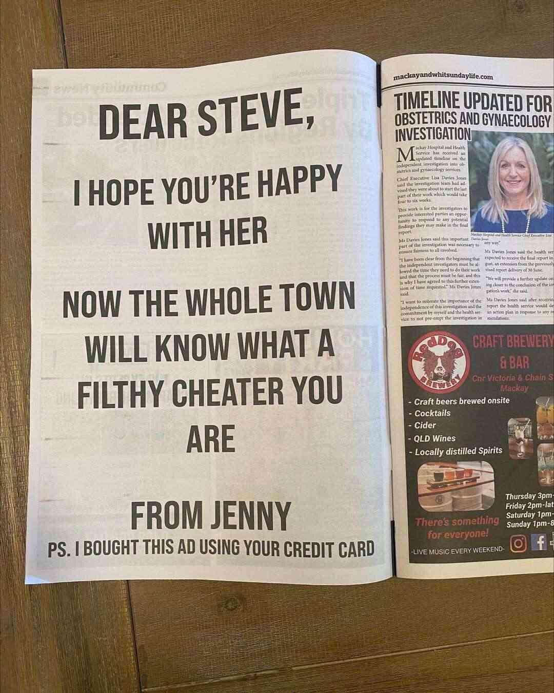 image showing [OC] An Australian lady bought a whole newspaper page just to expose her cheating boyfriend