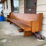image for Bought an old church pew for my front porch. My kids aren’t excited, but the dog & I are.