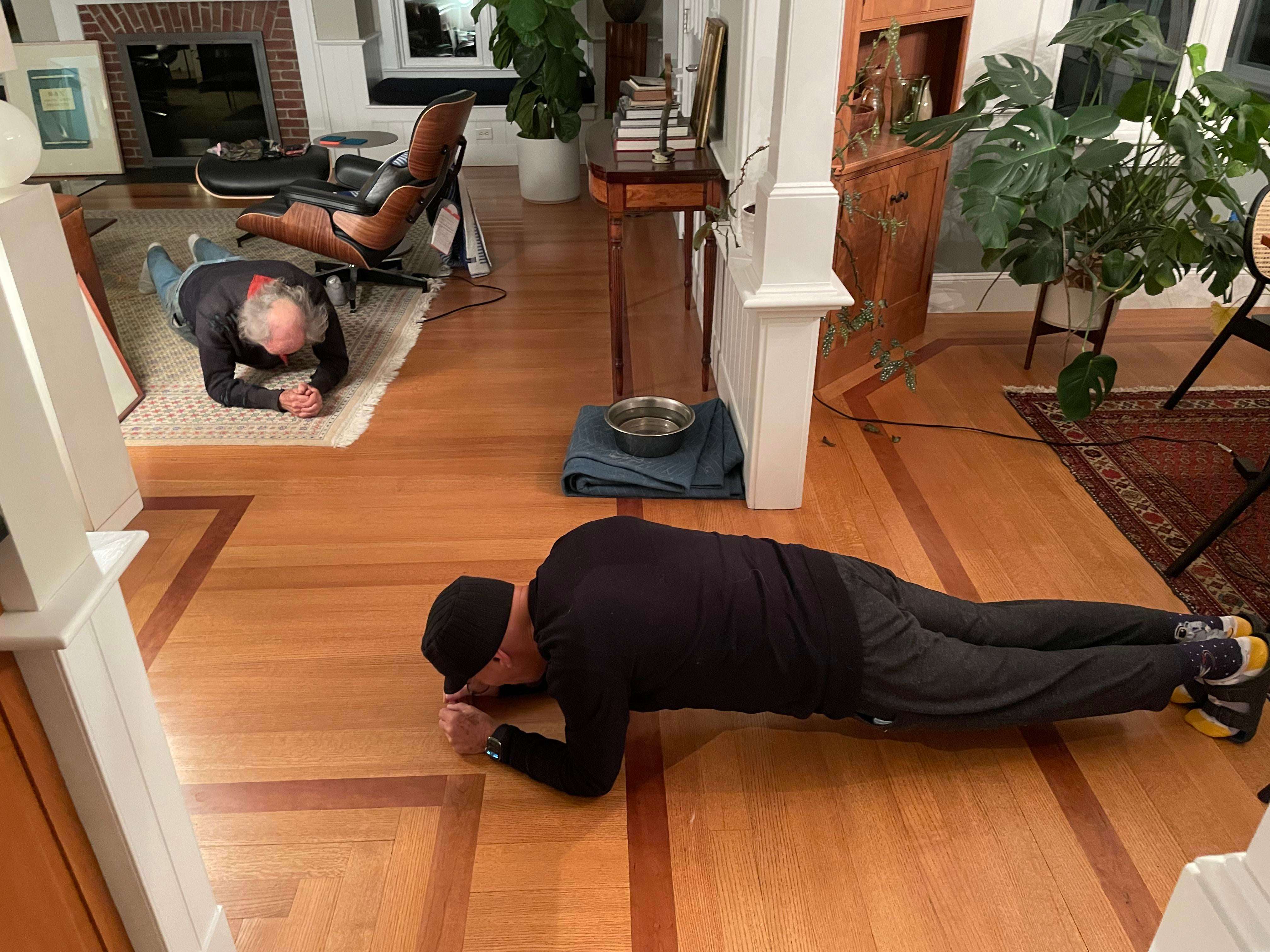image showing Our 80 yo friend is visiting. Our 75 yo neighbor brought him some weed and now they’re planking.
