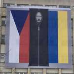 image for Putin in a body bag alongside the Czech and Ukrainian flags on the side of the Czech Int. ministry