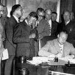 image for Tribal rep George Gillette crying as 154,000 acres of land is signed away for a new dam (1948)