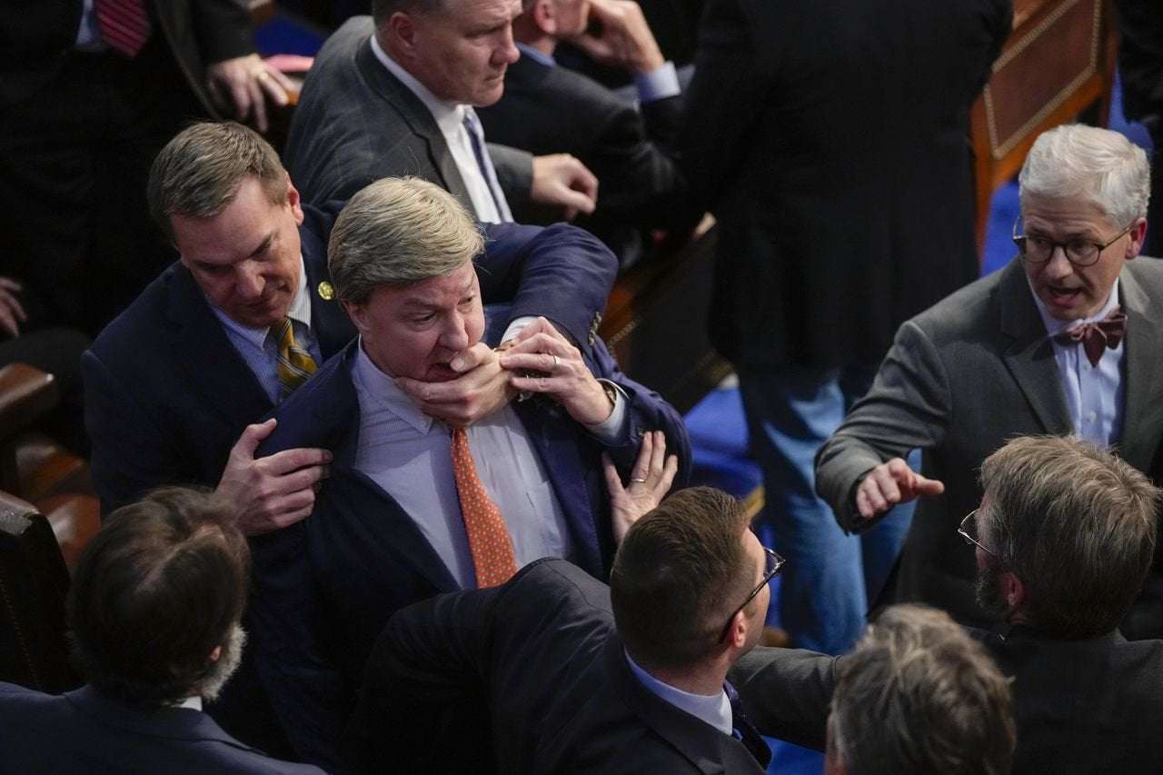 image for Mike Rogers restrained in angry confrontation with Matt Gaetz over speaker vote