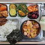 image for My Korean School Lunch of Spicy Braised Chicken, Ham and Sausage Stew, and Various Banchan