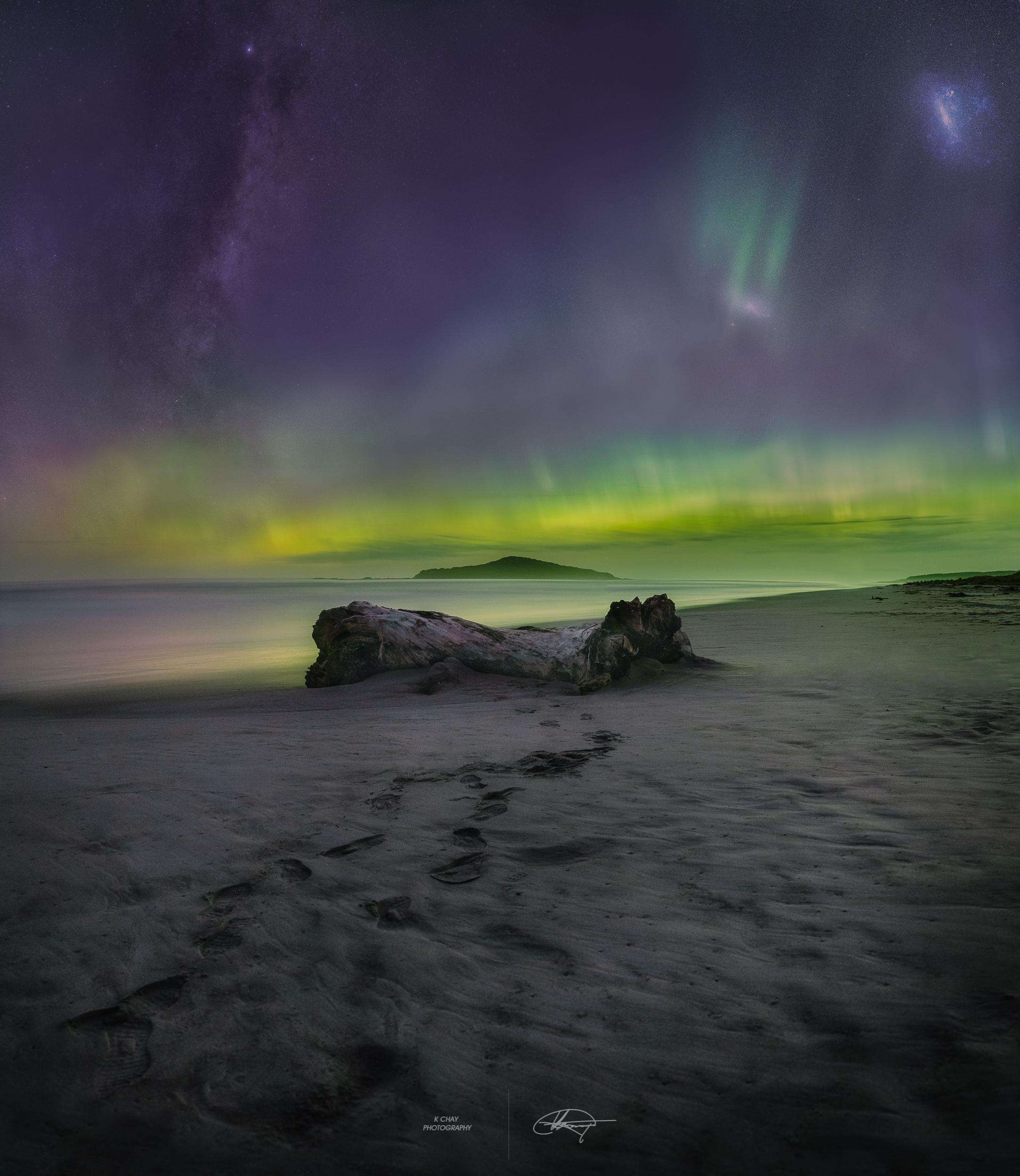 image showing ITAP of the Aurora Australis over a beach in NZ
