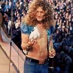 image for Robert Plant of Led Zeppelin holding a dove that flew into his hand while on stage, 1973.