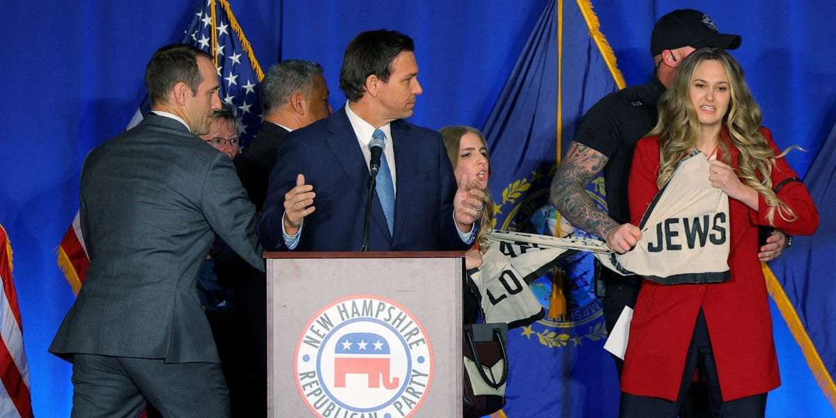 image for Protesters stormed the stage and yelled 'Jews against DeSantis' while the Florida governor spoke at a GOP fundraising event