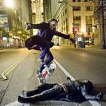 image for Heath Ledger skate boarding over Christian Bale on the set of The Dark Knight (2008)