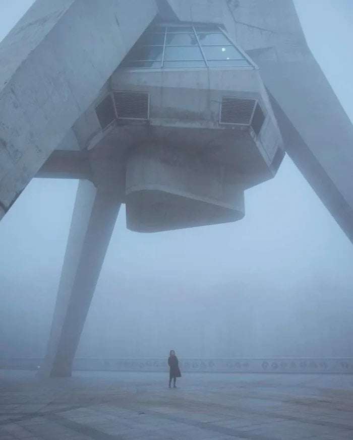 image showing Under s 204m tall brutalism architecture TV tower, Serbia. Blade Runner vibes...